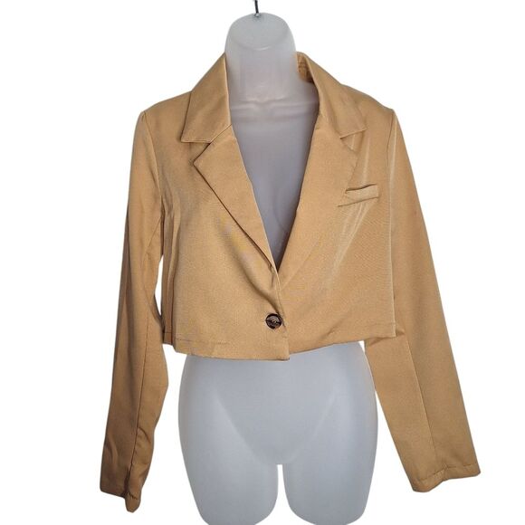 Dizzy Lizzy Womens Cropped Blazer One Button Long Sleeve Camel Tan Medium - Picture 2 of 10